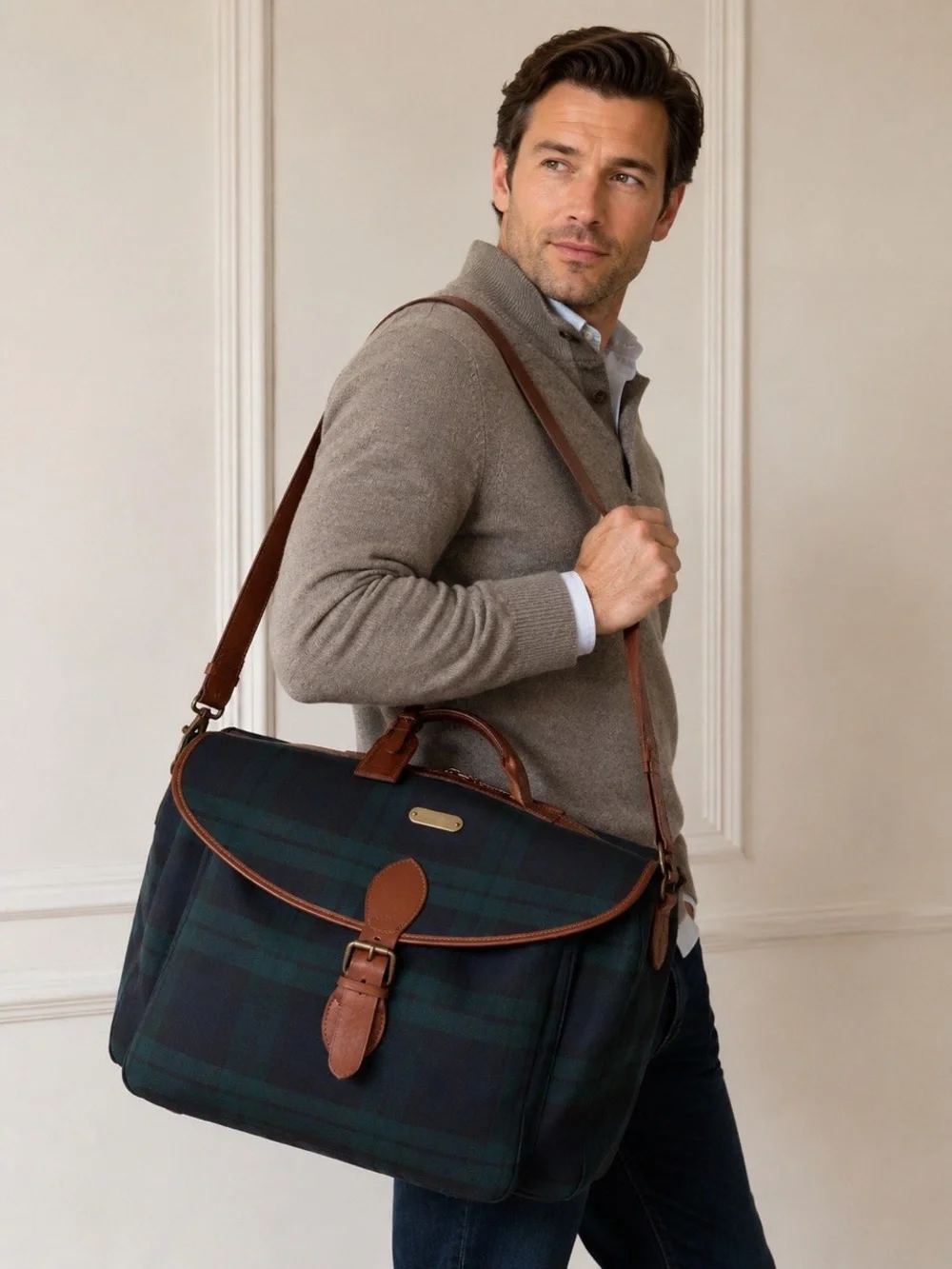Polo by Ralph Lauren Plaid Travel Weekender Duffle Bag with Brown Leather Trim